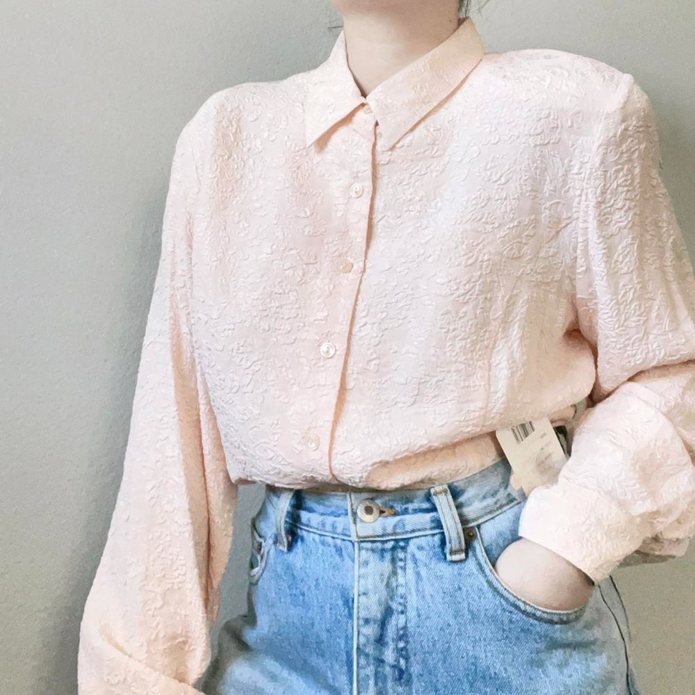 Vintage shoulder pads shirt with beautiful embossed floral patterns from Allison